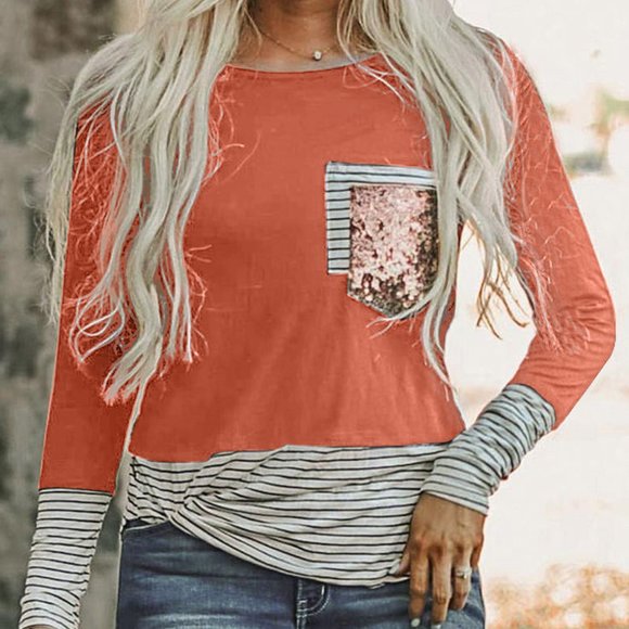 Orange Striped Sequin Pocket Shirt - Picture 2 of 14